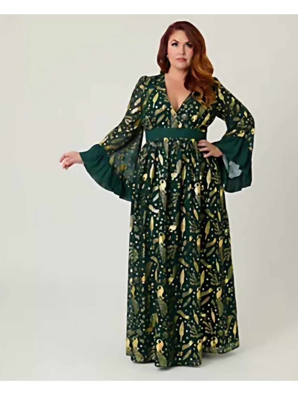 Unique Vintage Brand Green & Gold Foil Peacock Print Empire Waist Maxi Dress - Picture 6 of 9